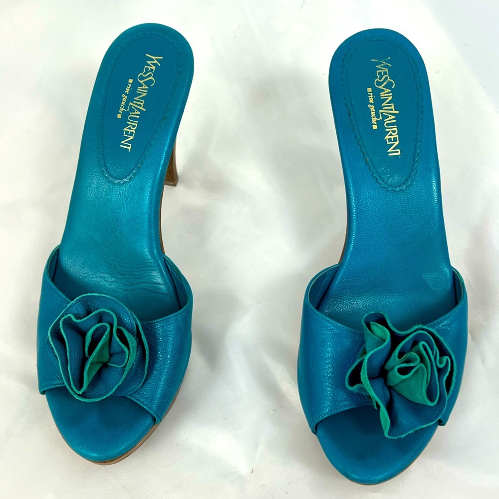 Turquoise YSL 39 open toe pumps